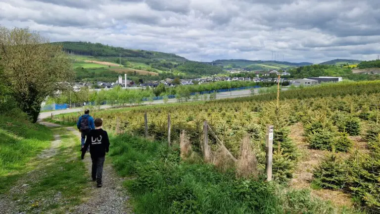 Wanderer auf dem Wanderweg BestWeg Velmede-Bestwig. Im Hintergrund sieht man die Ortschaft Bestwig.
