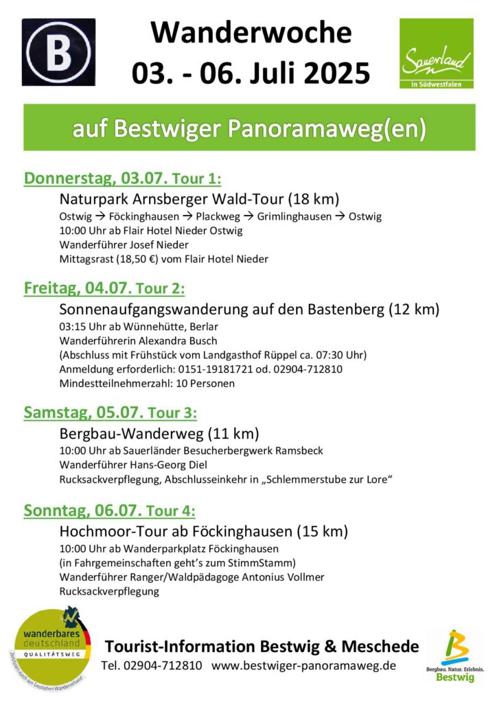 Die Wanderwoche auf dem Bestwiger Panoramaweg als Plakat mit Einzelterminen.