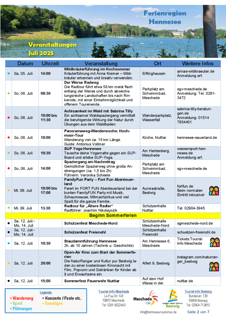 Ein Bild zeigt den Veranstaltungskalender Juli 2025