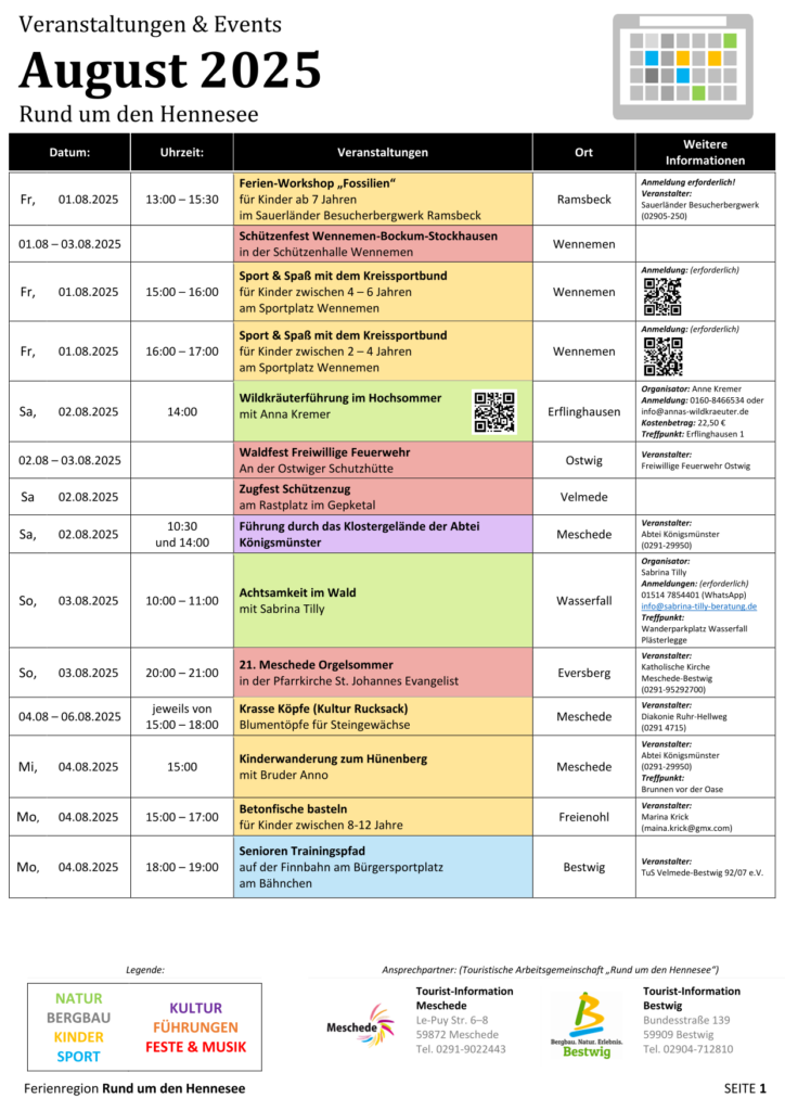 Eine Liste mit den Veranstaltungen des Monats August 2025