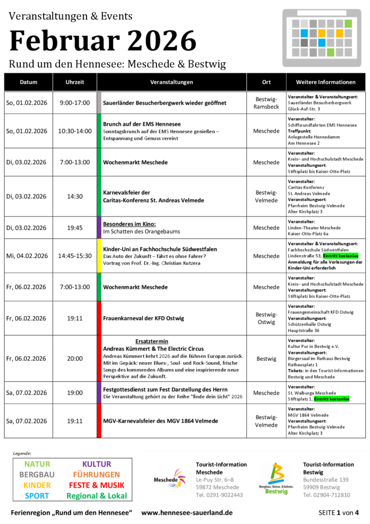 Eine tabellarische Übersicht über die Veranstaltungen im Februar 2026